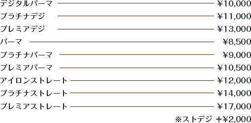 デジタルパーマ ¥10,000 / プラチナデジ ¥11,000 / プレミアデジ ¥13,000 / パーマ ¥8,500 / プラチナパーマ ¥9,000 / プレミアパーマ ¥10,500 / アイロンストレート ¥12,000 / プラチナストレート ¥14,000 / プレミアストレート ¥17,000 / ※ストデジ ＋¥2,000